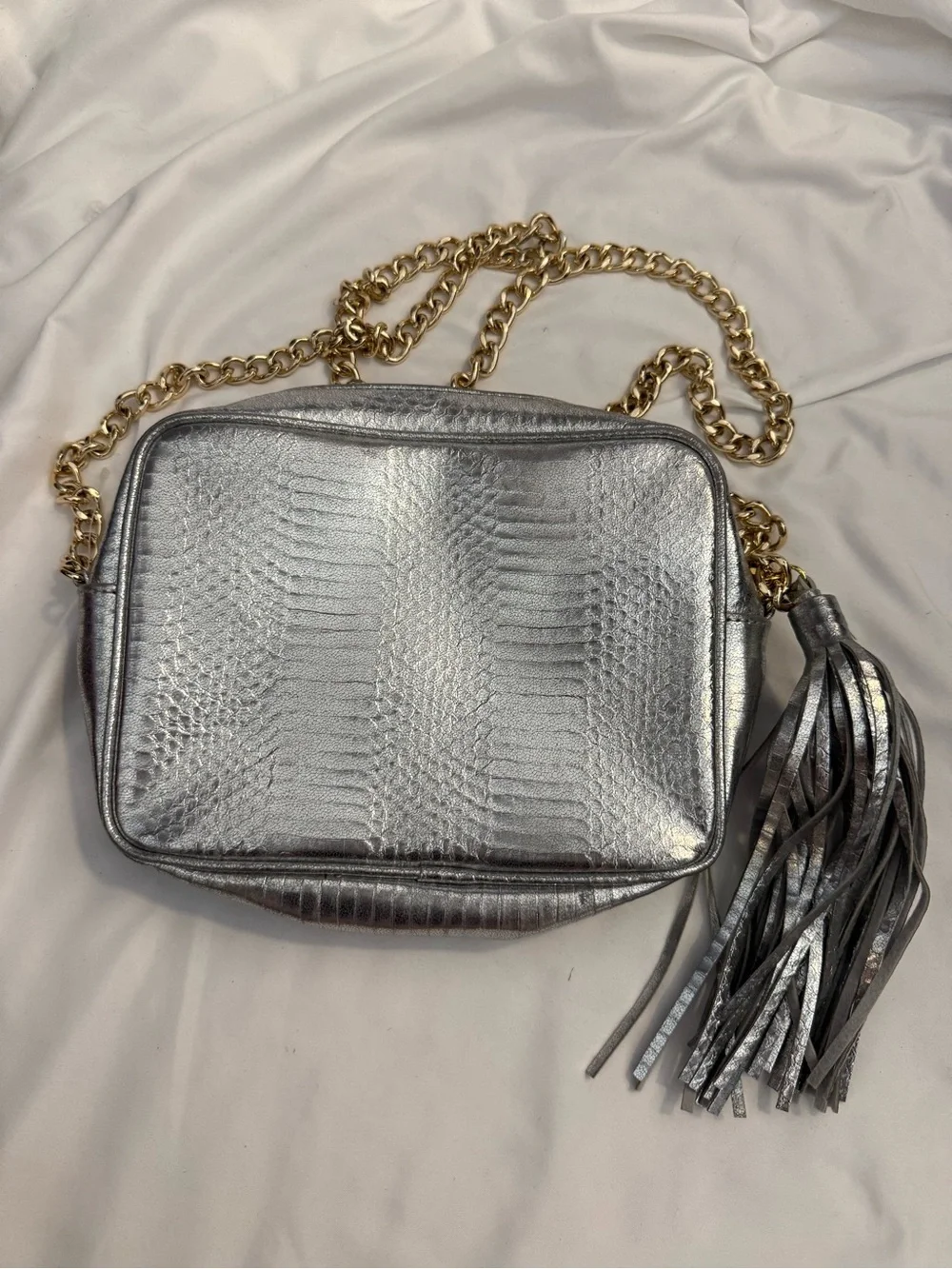 EUC Victoria's Secret Silver Snake Embossed Crossbody with Chain Strap